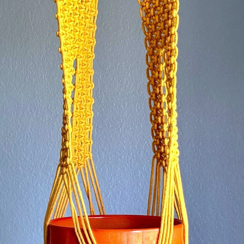 Handcrafted Artisanal Gold Mustard Macramé Plant Pot Hanger Holder Wall Hanging